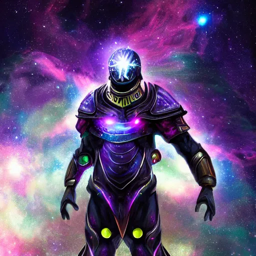 Image similar to photorealistic fantasy cosmic concept art of a cosmic nebula God in dark matter armor hovering in a unknown galaxy, fully body portrait, cinematic, dynamic lighting, ultra detailed, creative, trending on art station