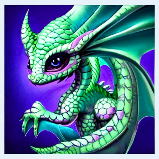 Image similar to adorable baby dragon, the dragon is purple and glittery, big eyes, fantasy concept art, pastels, ethereal fairytale, kawaii