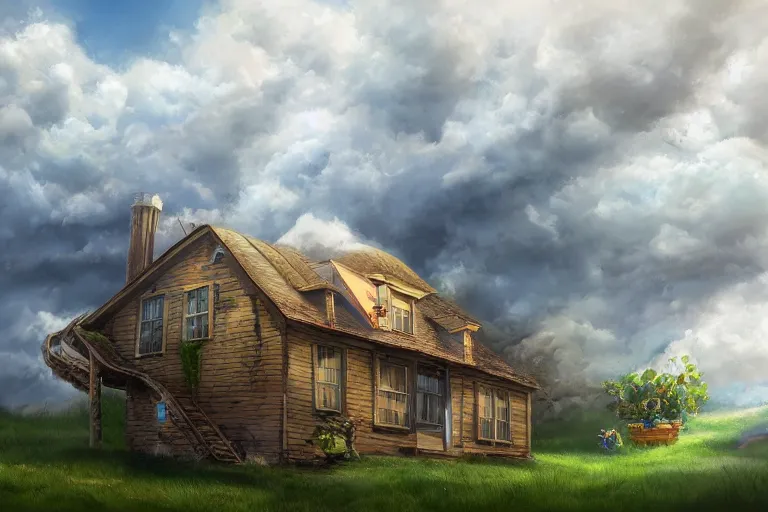 Image similar to A hyperdetailed digital oil painting of a house in the clouds,ladder,cartoon, Trending on ArtStation and DeviantArt