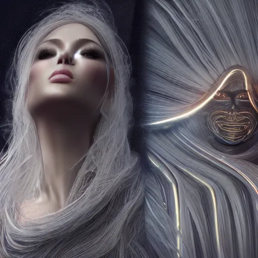 Image similar to beautiful pragmatic face, crystal, platinum, gold, biomechanoid with incredible iridescent pearlescent voluminous fiberoptic hair, crystalline masterpiece implants, hyperdetailed face, elegant pose, movie still, intricate, octane render, cinematic forest lighting, unreal engine, dieselpunk setting, crepuscular rays, god rays.