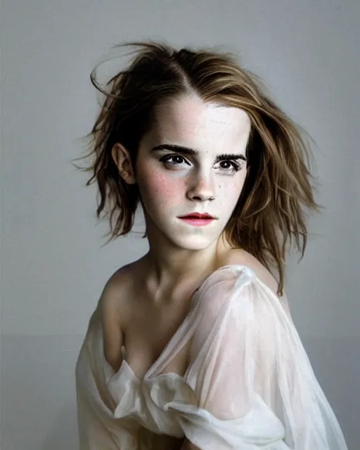 Prompt: emma watson portrait, soft diffused light, bjork aesthetic, translucent, by rineke dijkstra, intricate details, highly detailed, masterpiece,