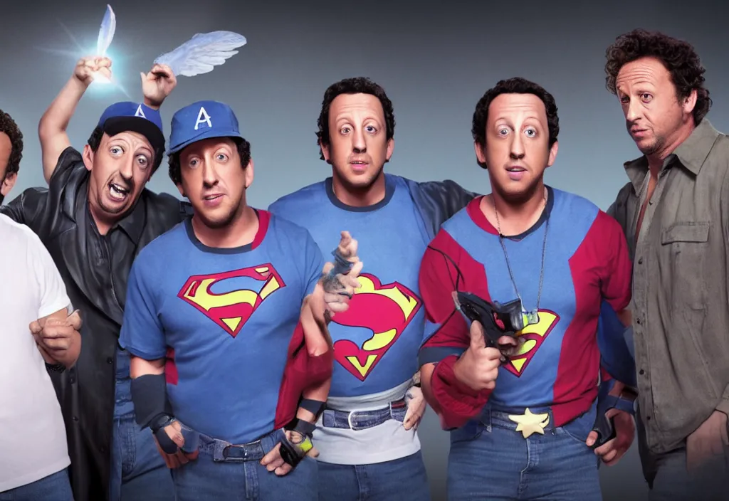 Prompt: Adam Sandler, Rob Schneider, and Paulie Shore, DC comics, HD, 4K, octane render