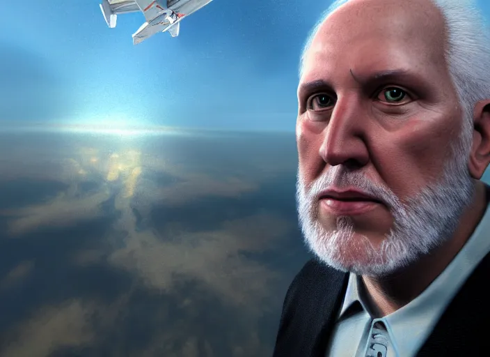 Image similar to facial portrait of greg popovich flying over san antonio, fantasy, super hero art, oil on canvas, octane render, spurs suit, trending on artstation