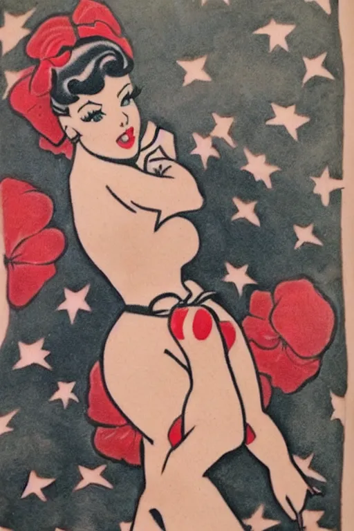 Image similar to traditional American tattoo of a pinup doll, WWII style, detailed