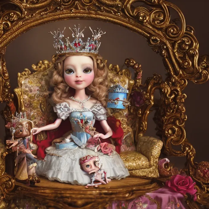 Image similar to highly detailed closeup, portrait of a tin toy fairytale princess sitting on a throne wearing a crown eating cakes, unreal engine, nicoletta ceccoli, mark ryden, earl norem, lostfish, global illumination, detailed and intricate environment