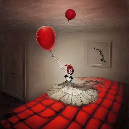 Image similar to grunge painting of underneath your bed with a wide smile and a red balloon by chris leib, loony toons style, pennywise style, corpse bride style, horror theme, detailed, elegant, intricate, conceptual, volumetric light