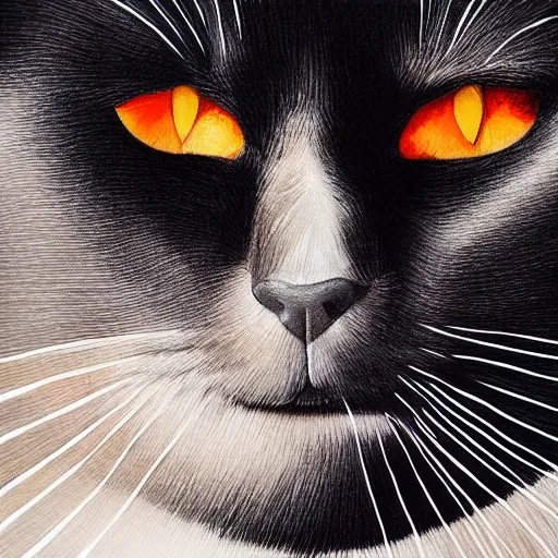 Prompt: an Hyper realistic artwork of a black cat with orange eyes looking at the white moon by Jason de Graaf