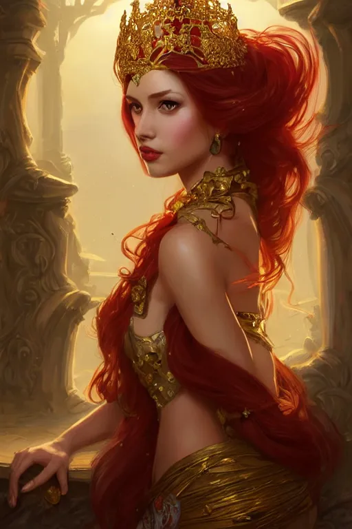 Image similar to beautiful female princess with a golden tiara on her head, portrait shot, long red hair, d & d, fantasy, intricate, elegant, highly detailed, digital painting, artstation, concept art, matte, sharp focus, illustration, hearthstone, art by artgerm and greg rutkowski and alphonse mucha