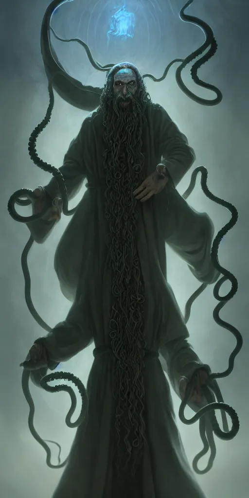 Image similar to a wizard that is slowly transforming into a tentacle monster, matte oil painting, concept art, d & d, robes, fantasy, fog, sharp focus, eldritch, award - winning, extremely detailed, 4 k, 8 k