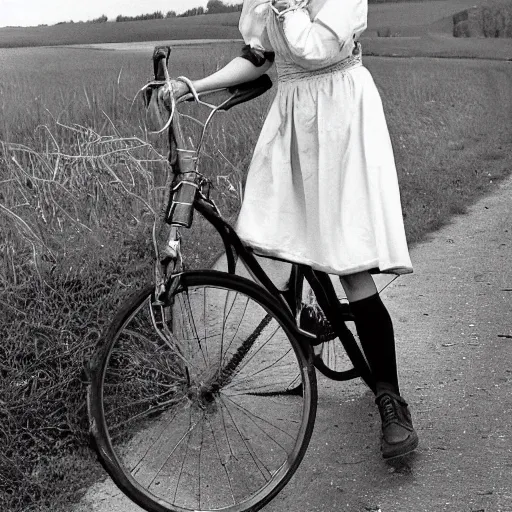 Image similar to a shy young woman is seen riding her bicycle while posing for a photograph in the 1 9 9 0 s on a rural road. she's dressed in a vintage alpine dirndl, a wool cardigan, brogue - style shoes, and bobby socks.