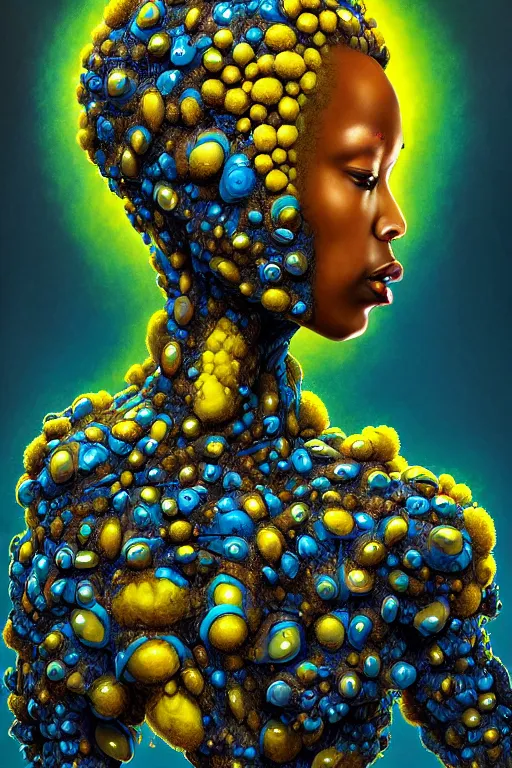 Image similar to hyperrealistic deconstructed super expressive! black woman with exoskeleton armor, merging with tree in a forest, highly detailed digital painting masterpiece smooth cam de leon hannah yata dramatic pearlescent blue yellow light ground angle hd 8k sharp focus
