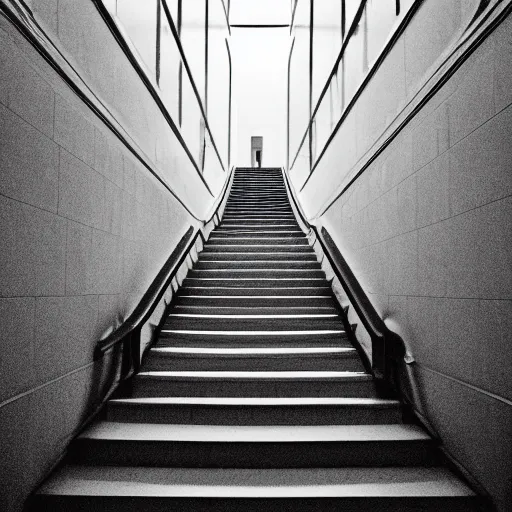 Image similar to black and white surreal photograph, highly detailed vast space made of stairsteps, sideview, detailed textures, natural light, mist, architecture photography, film grain, soft vignette, sigma 1 4 mm f / 1. 4 1 / 1 0 sec shutter, imax 7 0 mm footage