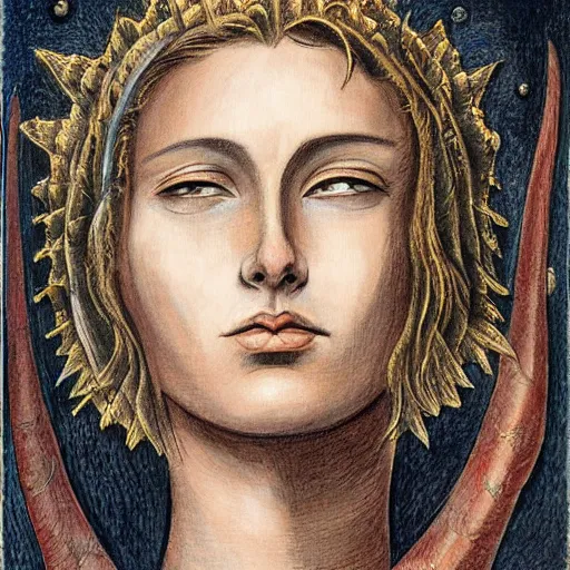 Prompt: beautiful face jeanne d'arc in the style of william blake, terese nielsen, isolde