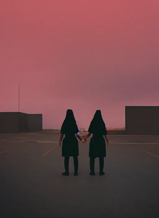 Image similar to cinestill 5 0 d photographic portrait of 2 women holding hands, wearing black techwear in front of a brutalist brushed metal building, closeup, on a desolate plain with a red sky, dystopia, cyberpunk, closeup, depth of field, 4 k, 8 k, hd, full color