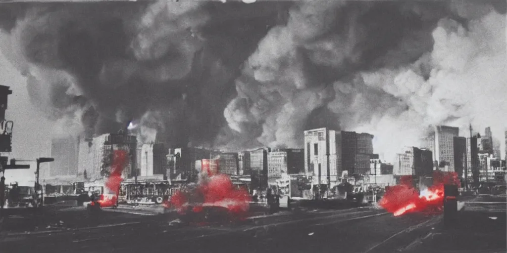 Prompt: vintage analog photograph of a futurist city on fire, multiple flames, with gigantic smoke clouds visible above the skycrapers, heavy film grain, neon lights, rain red color bleed, rich azure tones