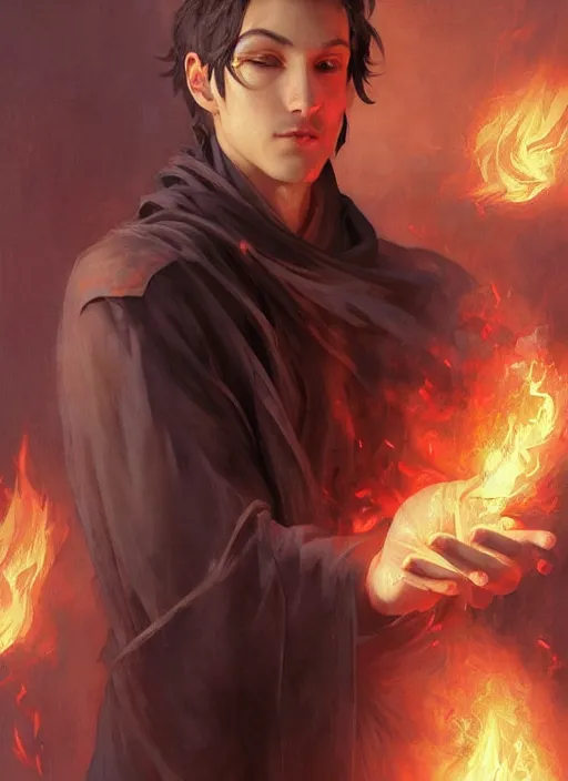 Image similar to character concept portrait of an attractive young focused Spanish wizard with pale red enchanting a flaming fire spell, a floating burning spell book in the center, intricate, elegant, digital painting, concept art, smooth, sharp focus, illustration, from Metal Gear, by Ruan Jia and Mandy Jurgens and William-Adolphe Bouguereau, Artgerm