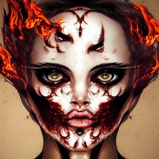 Prompt: artistic drawing of beautiful female face, with skin from flames, hair from flames, eyes from flames, body from flames and everything else made entirely from flames, trending on Artstation