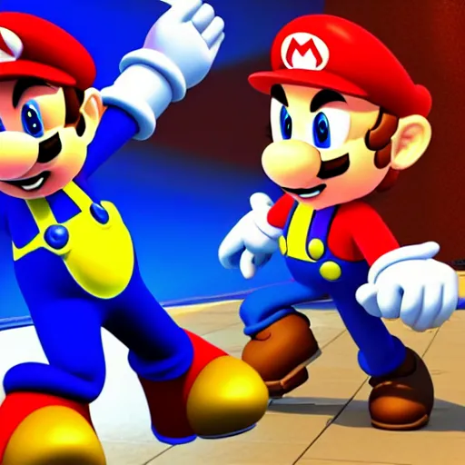 Image similar to a 3 d render of mario wearing a sonic suit, blue spiky hair