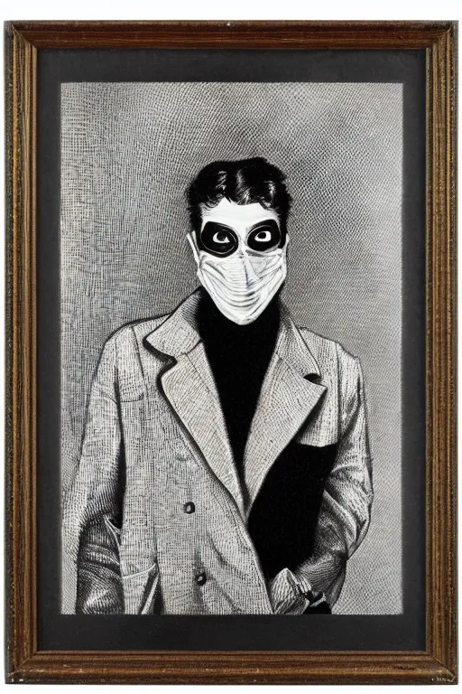 Image similar to portrait of young man wearing black medical mask, style of virgil finlay