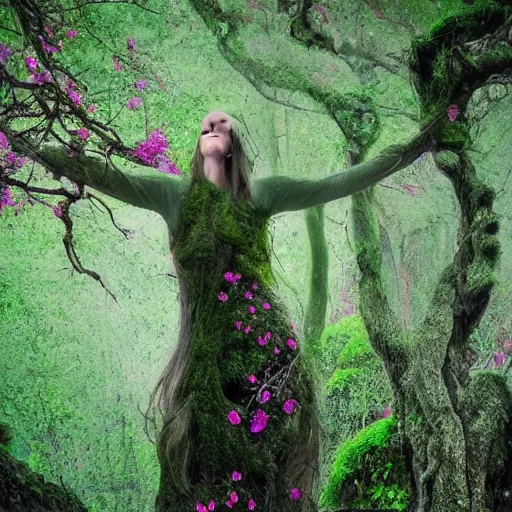 Prompt: a woman made from roots and branches covered in moss and flowers, waking up mother nature, beautiful green