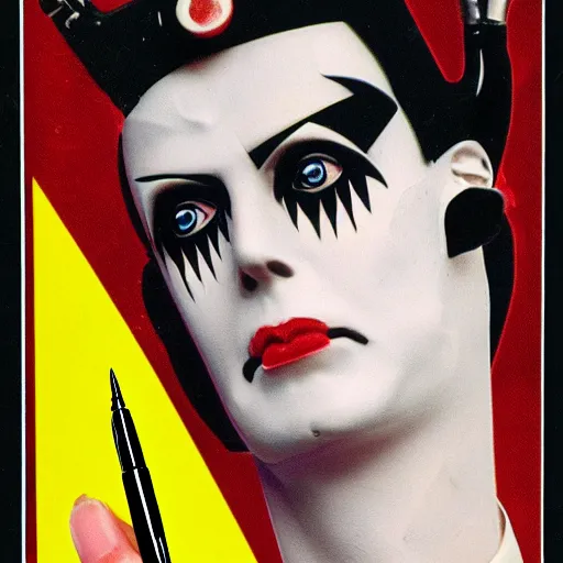 Image similar to a high quality product photo ad of klaus nomi with a technical reed rollerball pen exacto knife made in germany by junji ito, ethereal eel