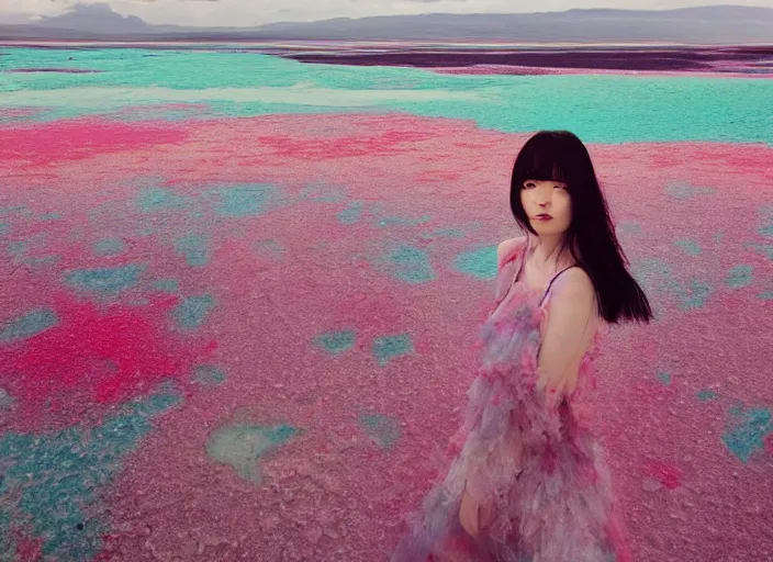 Image similar to lee jin - eun in luxurious flowery dress emerging from pink and turquoise water in salar de uyuni with the ground reflecting the aurora borealis by takato yamamoto, james jean, conrad roset, ruan jia, martine johanna, rule of thirds, elegant look, beautiful, chic, face anatomy, cute complexion