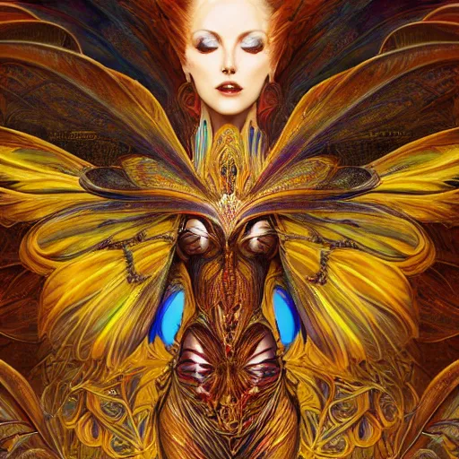 Image similar to a beautiful symmetrical woman full body wearing golden fabric with translucent colorful wings by alex gray and android jones , Karol Bak, Ayami Kojima, Amano , concept art, character design, fantasy,3D, 8k resolution