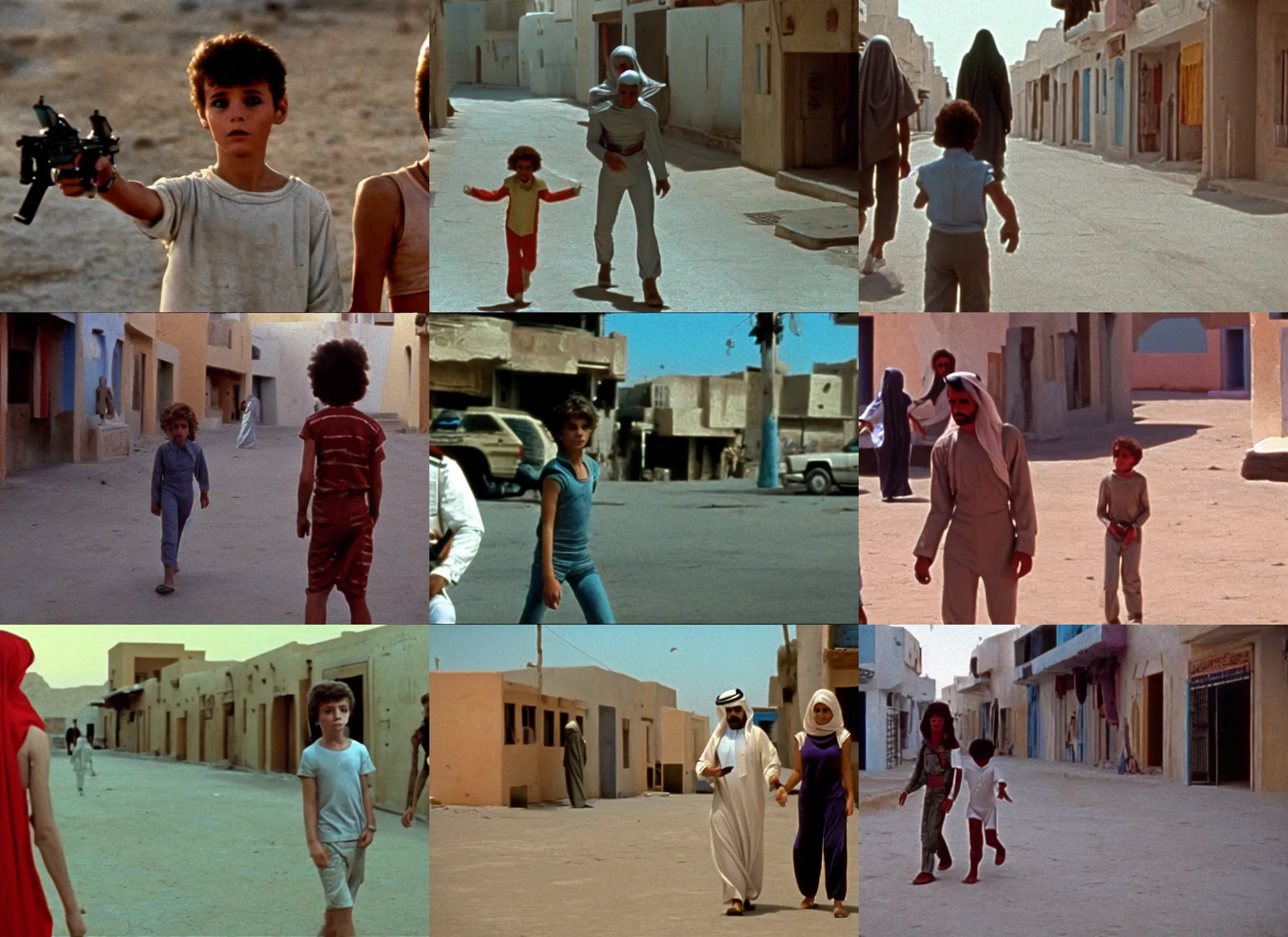 Prompt: color film still of a boy and a woman walking in the arabian town, alien ( 1 9 8 4 ).