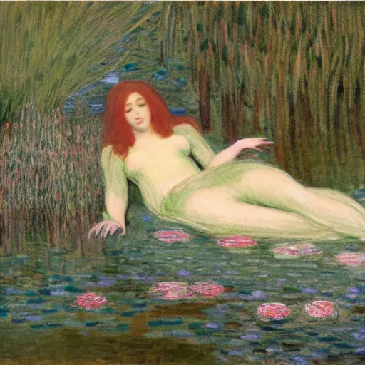 Image similar to ophelia laying partially submerged in water floating down the river amongst the reeds fully covered in robes and lake foliage weeds reeds fully clothed in flowing medieval robes by rosetti and monet, 8 k