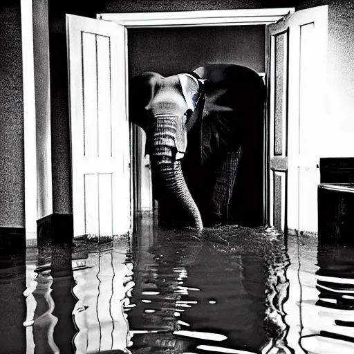 Prompt: a creepy elephant at the end of a flooded basement hallway. craiglist photo.