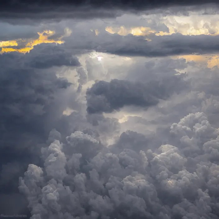 Image similar to Endless storm clouds towering high, seen from a plane, a lightning is visible, no ground visible, very detailed, 8k resolution, pale yellow hue with brown shadows