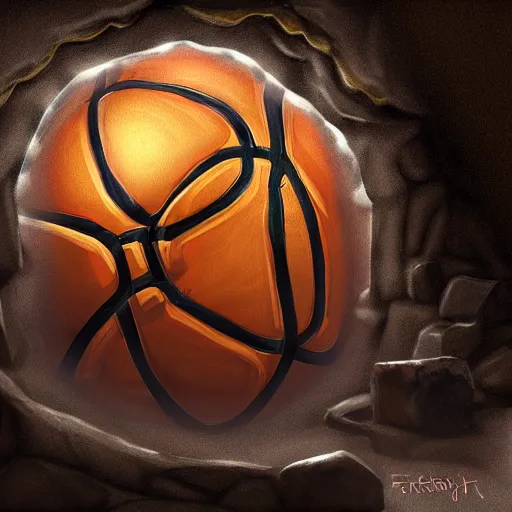 Prompt: a mimic disguised as a basketball inside of a cave gnarling it's teeth ready to attack, fantasy, digital painting