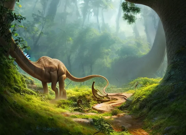 Prompt: fresh massive sauropod tracks in an earthy clearing, magical energies emanating from it, fantastic artstyle,, fantasy, elegant, digital painting, artstation, unreal engine, octane render, concept art, matte, sharp focus, vibrant colors, high contrast, illustration, art by justin gerard