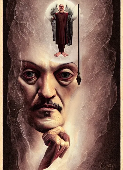 Image similar to pedro pascal as aleister crowley the grand mage of thelema. art by tom bagshaw and greg danton and manuel sanjulian