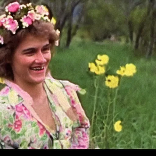 Image similar to vhs 1 9 8 0 s footage of a scene from the movie midsommar, a woman smiling while surrounded by flowers