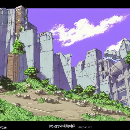 Prompt: futuristic ruins on a mountainside, colorful ruins, mega ruins, clouds on mountain, ruined buildings on mountainside, cel - shading, cel - shaded, 2 0 0 1 anime, bright sunshine