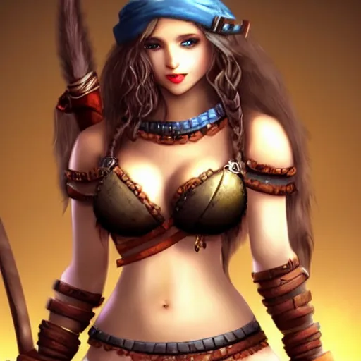 Prompt: very beautiful female barbarian, smiling, flirty, eye contact, perfect face, perfect body, photorealistic