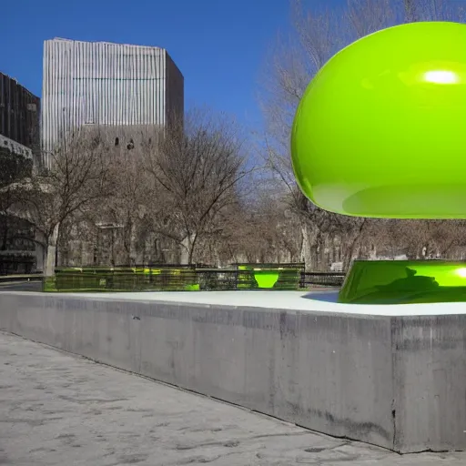 Image similar to chartreuse chrome energy blob hovering city park