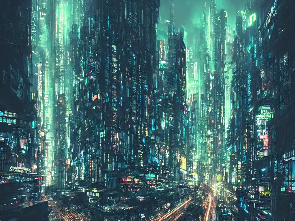 Image similar to a street in a mega city, large mega corp buildings dominate the skyline at dusk, cyberpunk art by liam wong, cgsociety, retrofuturism, futuristic, cityscape, dystopian art