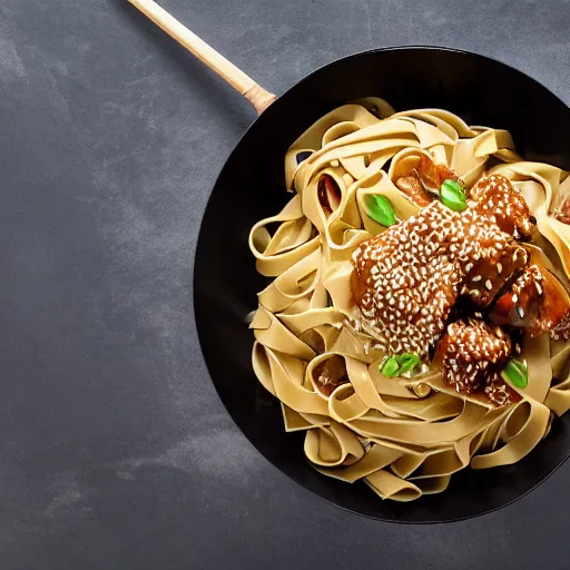 Image similar to fettuccini pasta but Teriyaki sauce and sesame chicken, 4K photo, HD