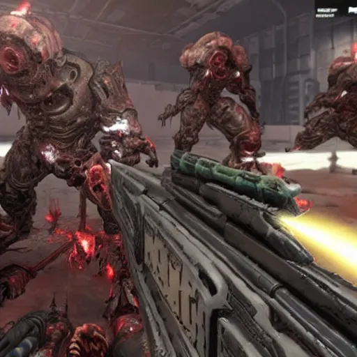 Prompt: real life doom slayer walking on human bloody dead bodies, shooting with heavy bolt rifle towards demons