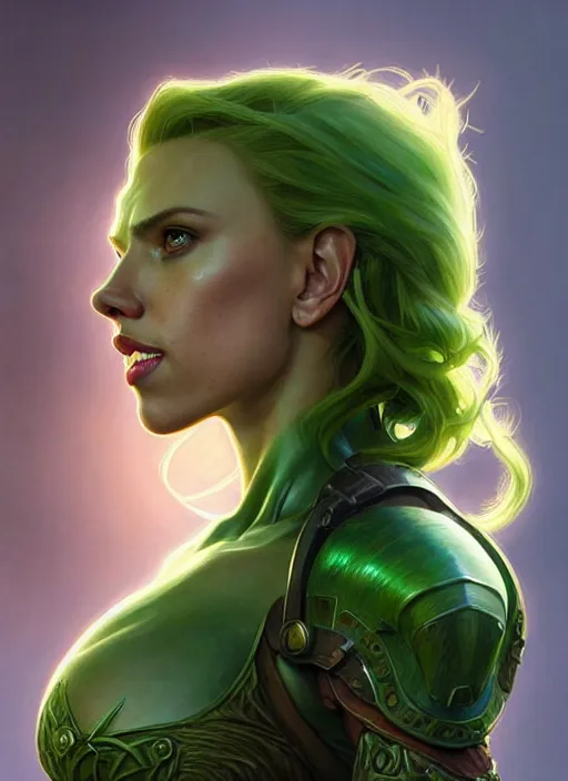 Image similar to portrait of scarlett johansson as a goblin, d & d, muscular! green, fantasy, intricate, elegant, highly detailed, digital painting, artstation, concept art, smooth, sharp focus, illustration, art by artgerm and greg rutkowski and alphonse mucha