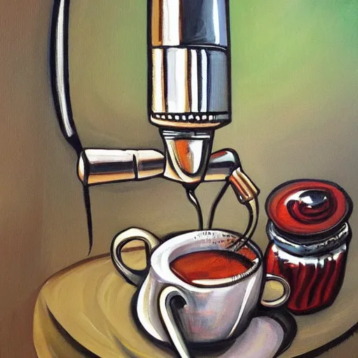 Image similar to a painting of demon espresso machine that makes coffee from human souls