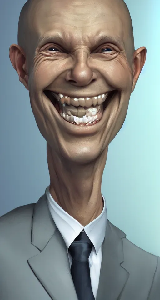 Image similar to a hyper realistic portrait of a smiling male alien in a suit for advertisement, artstation