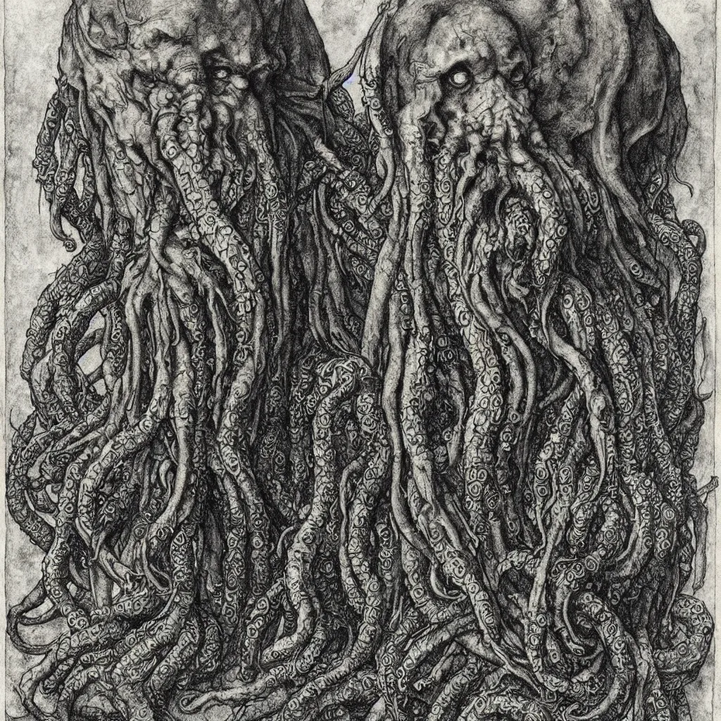 Image similar to portrait of cthulhu, dark atmosphere, faded out colors, highly detailed muted colors, highly detailed illustration by albrecht durer, fine art sketch