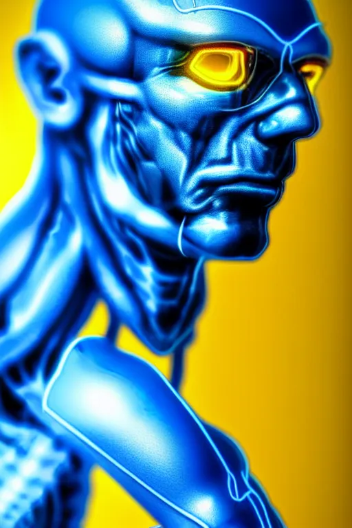 Prompt: hyperrealistic close-up blue neon exoskeleton!! chinese man covered highly detailed concept art eric zener elson peter cinematic side soft yellow light low angle hd 8k sharp shallow depth of field