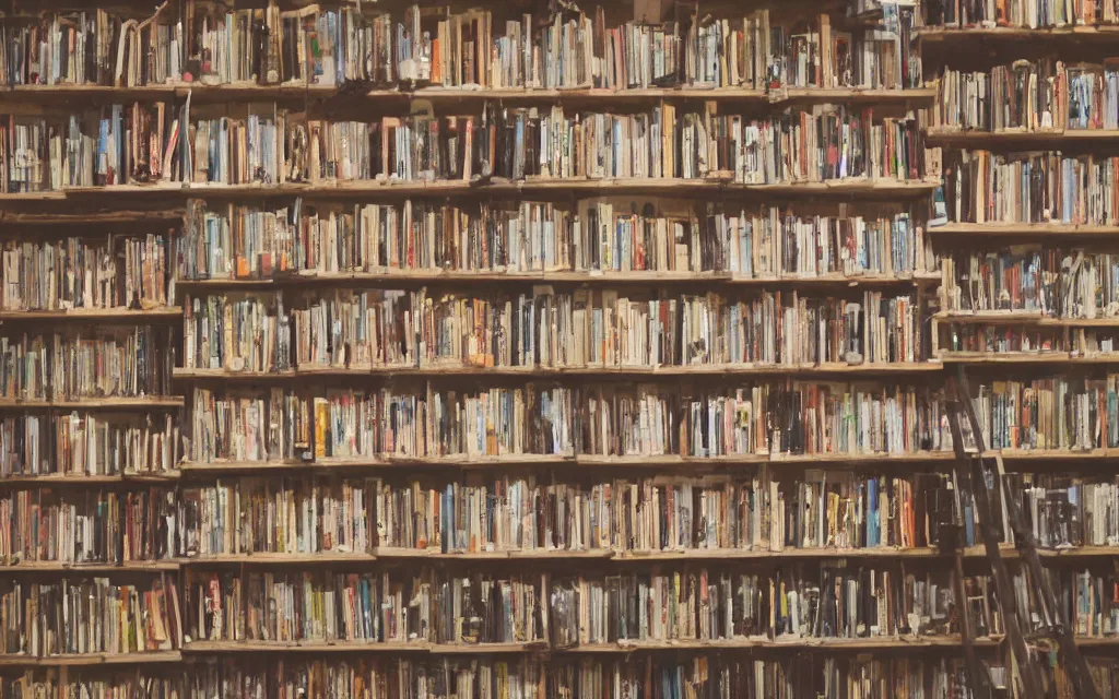 Prompt: bookseller shelves her books, claymation film still 35mm film grain