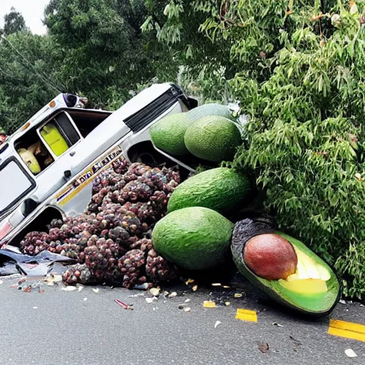 Image similar to photo of an avocado truck accident that overturned and spilled tons of avocados on the road, people walking around and picking up avocados from the road