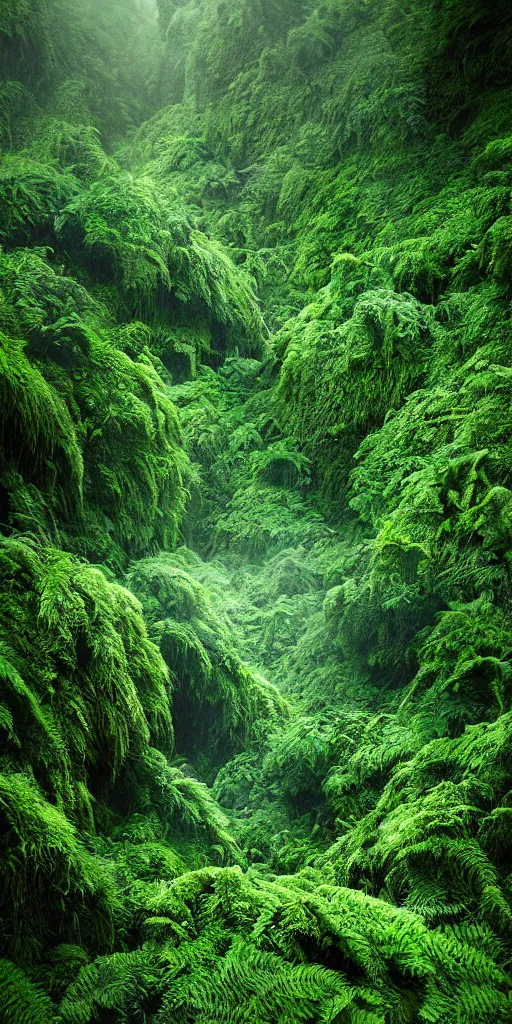 Image similar to a hyper realistic photograph fertile, lush mossy canyon, ferns, minimalist structure, misty, raining, in the style of reuben wu, roger deakins