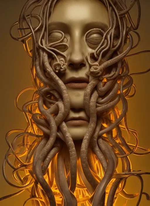 Image similar to subsurface scattering, medusa made of soft wax by giger, cgsociety, translucent, wooden art nouveau swirls, colored smoke, gold cables, electricity, tubes, in the style of ruan jia and beeple, mystical colors, back light, rim light, dramatic lighting, 8 k, stunning scene, raytracing, octane render